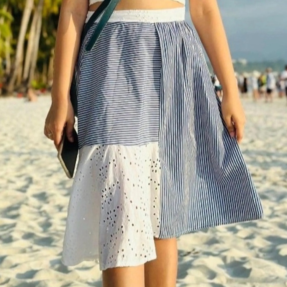 Zara Basics Asymmetrical striped blue and white with lace trim skirt